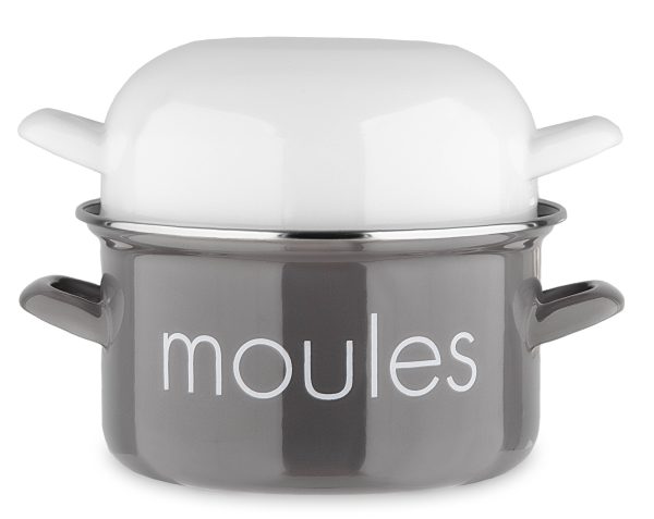 marmite moules grise avec couvercle blanc